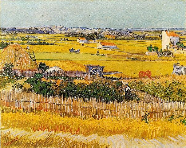 605px-Van_Gogh_La_Crau "La Moisson à la Crau, avec Montmajour dans le fond", Vincent Van Gogh, 1888.